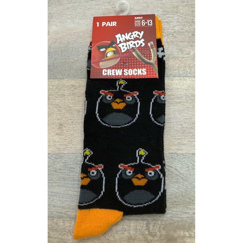 Angry Birds Bomb Crew Socks Mens Adult Shoe Size 6-13 Black Orange Novelty New